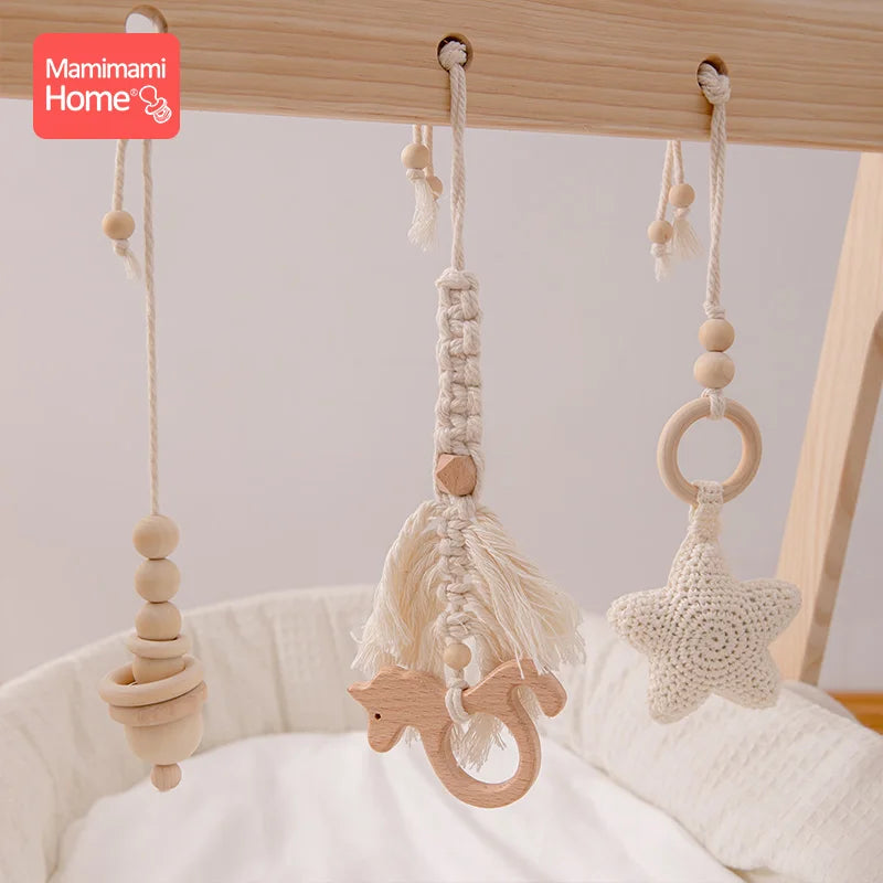 1set Baby Play Gym Wood Bed Bell Clouds Crochet Star Pendant Teething Nursing Stroller Hanging Play Gym 0-12 Months Baby Rattle