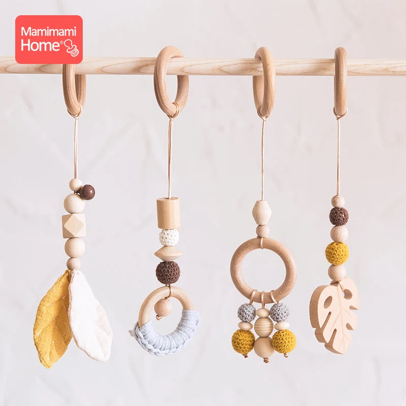 4pc/set Baby Wooden Pendant Play Gym Toys BPA Free Wooden Teether Rodent Animal Interactive Stroller Hanging Bed Bell Nurse Gift