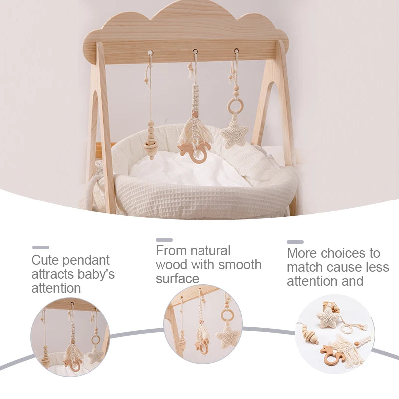 1set Baby Play Gym Wood Bed Bell Clouds Crochet Star Pendant Teething Nursing Stroller Hanging Play Gym 0-12 Months Baby Rattle