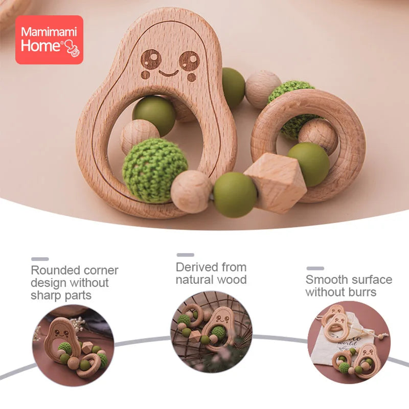 1pc Baby Teether Wooden Avocado Beads Rattle Nursing Bracelet BPA Free Crochet Teething Beads Baby Beech Rattles Nurse Gift Toys