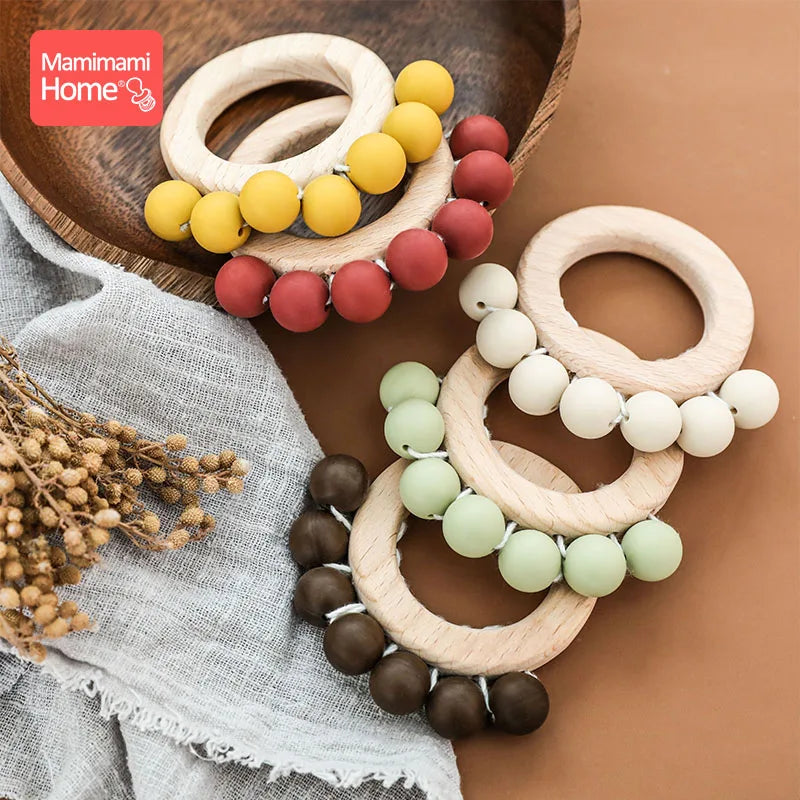 1pc Baby Teether Wooden Music Rattle BPA Free Wooden Gym Ring Rodent Silicone Beads Newborn Educational Montessori Toys For Kids