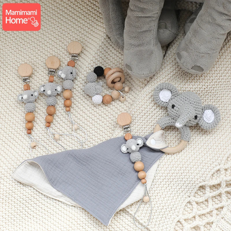 Baby Pacifier chain suit bracelet Bibs Teethers Crocheted elephant pattern Rattle baby wooden Crochet beads Gingival rodent toy