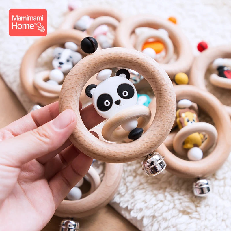 Mamihome 1pc Baby Wooden Teether Animal Rattle Bell Lion King Toys Beech Rings Food Grade Silicone Rodent Beads Children'S Goods