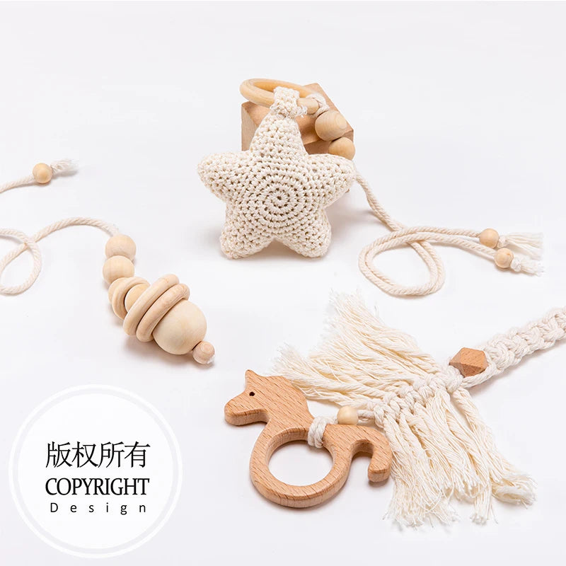 1set Baby Play Gym Wood Bed Bell Clouds Crochet Star Pendant Teething Nursing Stroller Hanging Play Gym 0-12 Months Baby Rattle