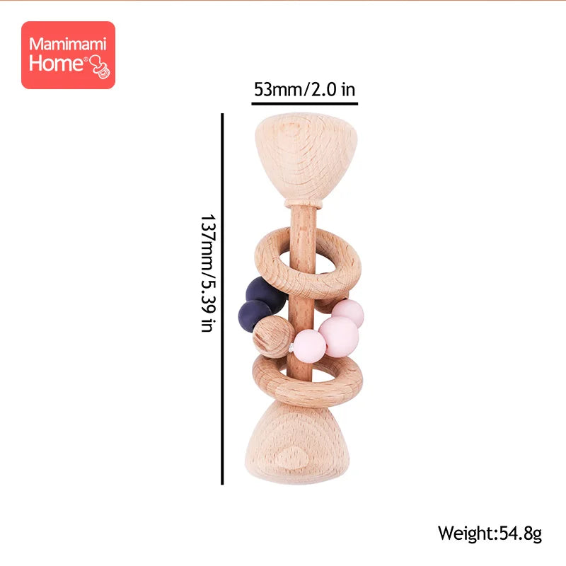 1pc Baby Teether Wooden Music Rattle BPA Free Wooden Gym Ring Rodent Silicone Beads Newborn Educational Montessori Toys For Kids