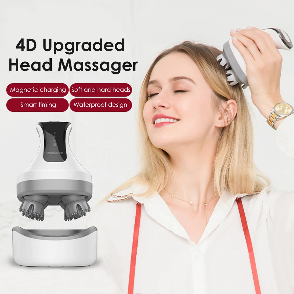 4D Magnetic Rechargeable Head Massager High-power Wireless Electric Scalp IPX7 Waterproof Positive Negative Knead Promote Growth