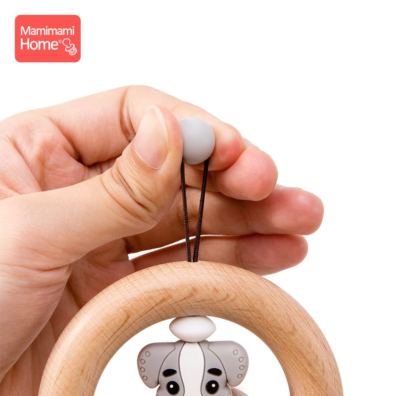 Mamihome 1pc Baby Wooden Teether Animal Rattle Bell Lion King Toys Beech Rings Food Grade Silicone Rodent Beads Children'S Goods