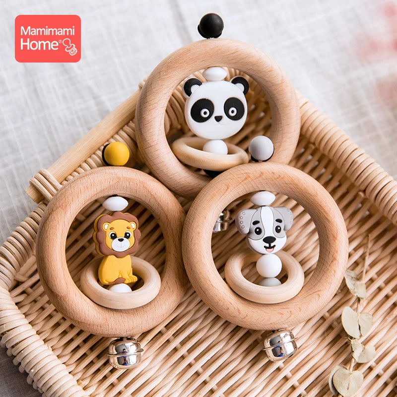 Mamihome 1pc Baby Wooden Teether Animal Rattle Bell Lion King Toys Beech Rings Food Grade Silicone Rodent Beads Children'S Goods