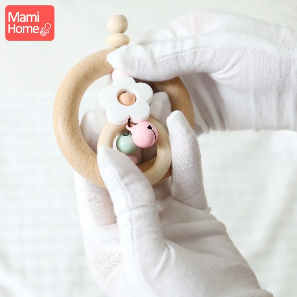 Mamihome 1pc Baby Wooden Teether Rattle Wood Ring Chew Toys BPA Free Newborn Gifts Wooden Teething Toy Panda Bead Nurse Gift Toy