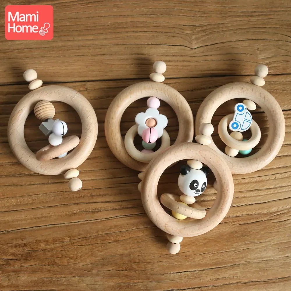 Mamihome 1pc Baby Wooden Teether Rattle Wood Ring Chew Toys BPA Free Newborn Gifts Wooden Teething Toy Panda Bead Nurse Gift Toy