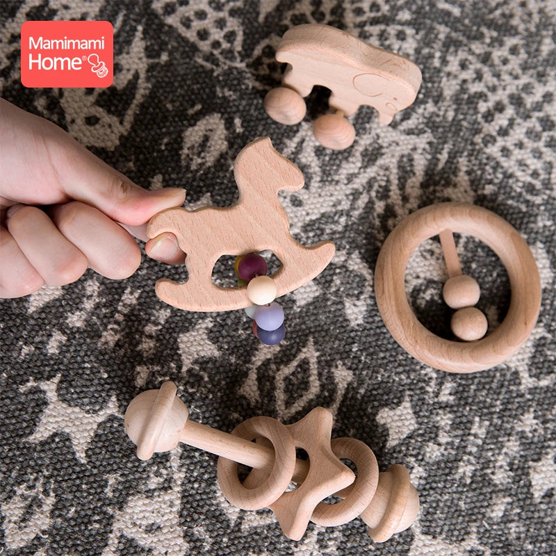 Mamihome 4pc Baby Wooden Toys Rattle Teething Car Toy Natural Beech Ring Beads Animal Wooden Blank Rodent Children'S Goods Tiny
