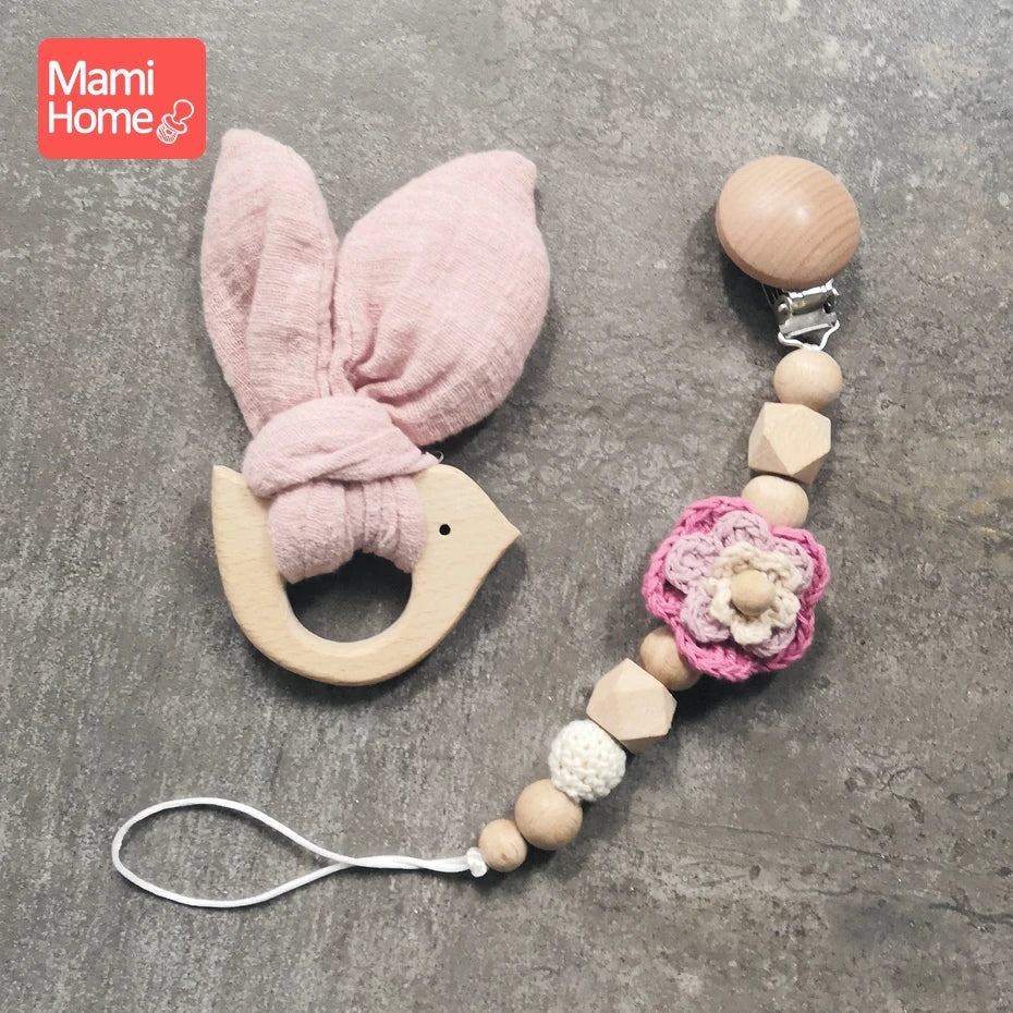 Mamihome Pacifier Chain Pacifier Clip Cacifier Clip Bunny Rattle Sensory Teether Baby Mobile Wooden Baby Toys Wooden Beads