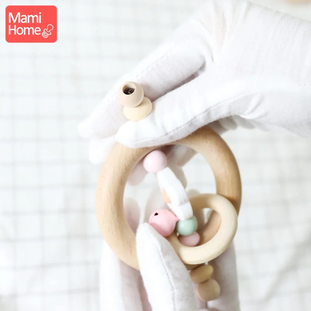 Mamihome 1pc Baby Wooden Teether Rattle Wood Ring Chew Toys BPA Free Newborn Gifts Wooden Teething Toy Panda Bead Nurse Gift Toy
