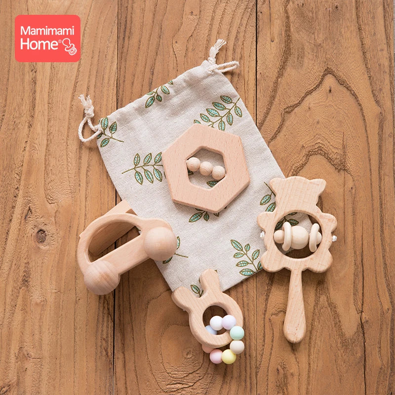 Mamihome 4pc Baby Wooden Toys Rattle Teething Car Toy Natural Beech Ring Beads Animal Wooden Blank Rodent Children'S Goods Tiny