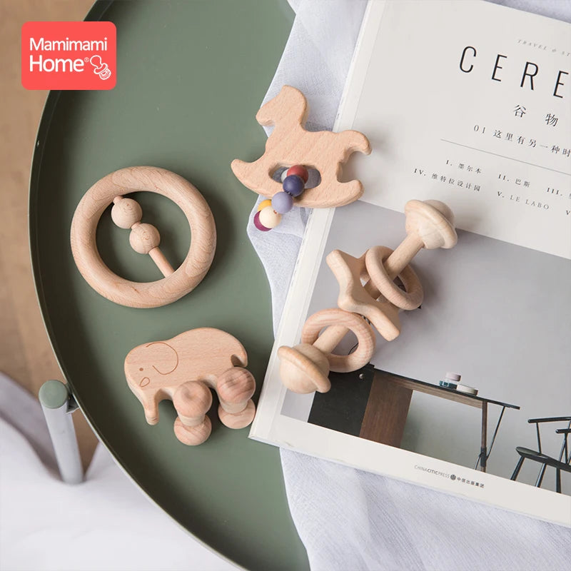 Mamihome 4pc Baby Wooden Toys Rattle Teething Car Toy Natural Beech Ring Beads Animal Wooden Blank Rodent Children'S Goods Tiny
