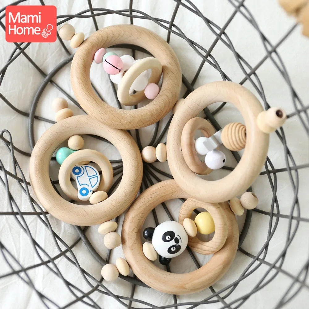 Mamihome 1pc Baby Wooden Teether Rattle Wood Ring Chew Toys BPA Free Newborn Gifts Wooden Teething Toy Panda Bead Nurse Gift Toy