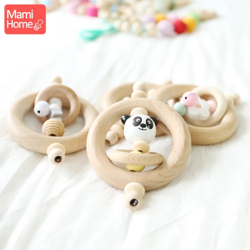 Mamihome 1pc Baby Wooden Teether Rattle Wood Ring Chew Toys BPA Free Newborn Gifts Wooden Teething Toy Panda Bead Nurse Gift Toy