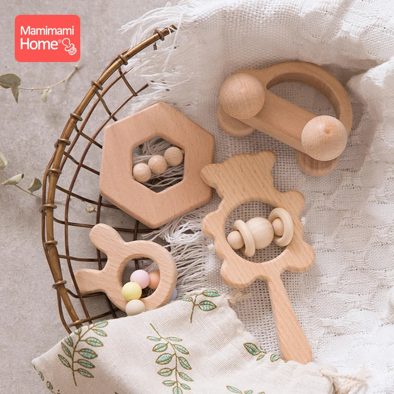 Mamihome 4pc Baby Wooden Toys Rattle Teething Car Toy Natural Beech Ring Beads Animal Wooden Blank Rodent Children'S Goods Tiny