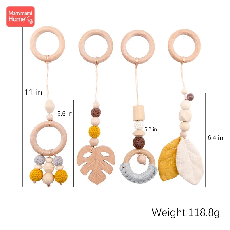 4pc/set Baby Wooden Pendant Play Gym Toys BPA Free Wooden Teether Rodent Animal Interactive Stroller Hanging Bed Bell Nurse Gift