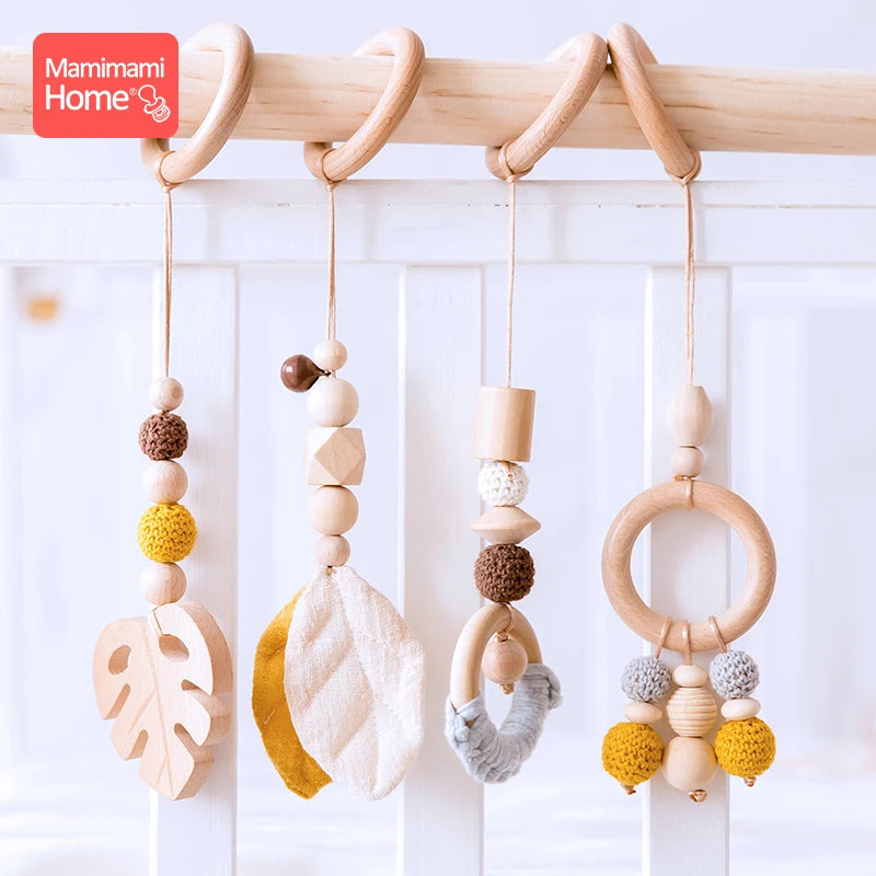 4pc/set Baby Wooden Pendant Play Gym Toys BPA Free Wooden Teether Rodent Animal Interactive Stroller Hanging Bed Bell Nurse Gift