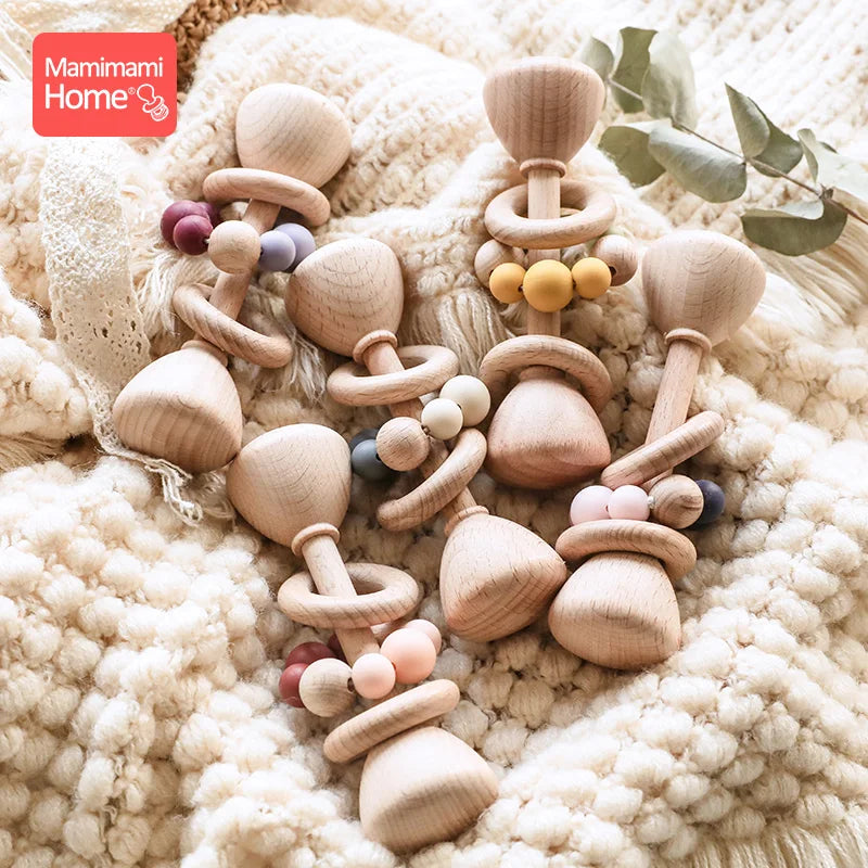 1pc Baby Teether Wooden Music Rattle BPA Free Wooden Gym Ring Rodent Silicone Beads Newborn Educational Montessori Toys For Kids