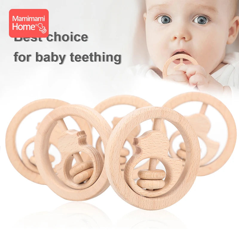 1pc Baby Wooden Teether Toys Rattle Animal Moon Beech Ring Of Toys Bpa Free Wooden Rodent Toddler Toys Newborn Gift Baby Product