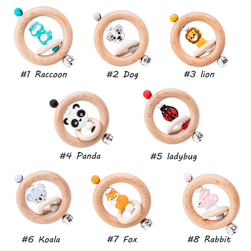 Mamihome 1pc Baby Wooden Teether Animal Rattle Bell Lion King Toys Beech Rings Food Grade Silicone Rodent Beads Children'S Goods