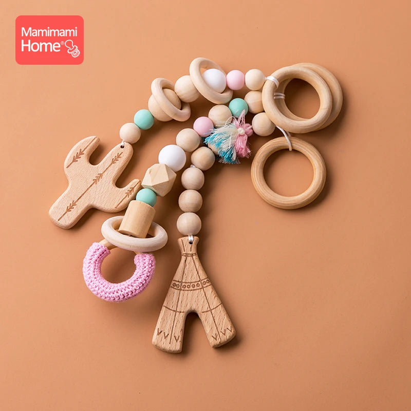 Baby Wooden Teether Pendant Baby Play Gym Set Sensory Ring-Pull Beech Ring Crochet Bead Children'S Goods Wooden Blank Cotton Toy