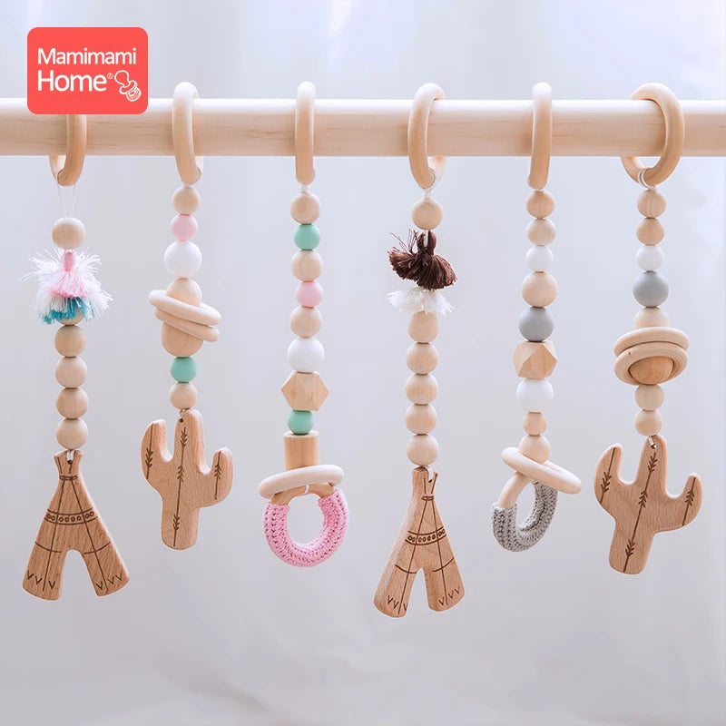 Baby Wooden Teether Pendant Baby Play Gym Set Sensory Ring-Pull Beech Ring Crochet Bead Children'S Goods Wooden Blank Cotton Toy