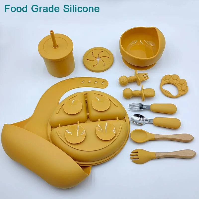 11Pcs Silicone Feeding Sets For Baby Personalized Name Children's Tableware Suction Cup Plates Bowl Spoon Feeding Cups BPA Free