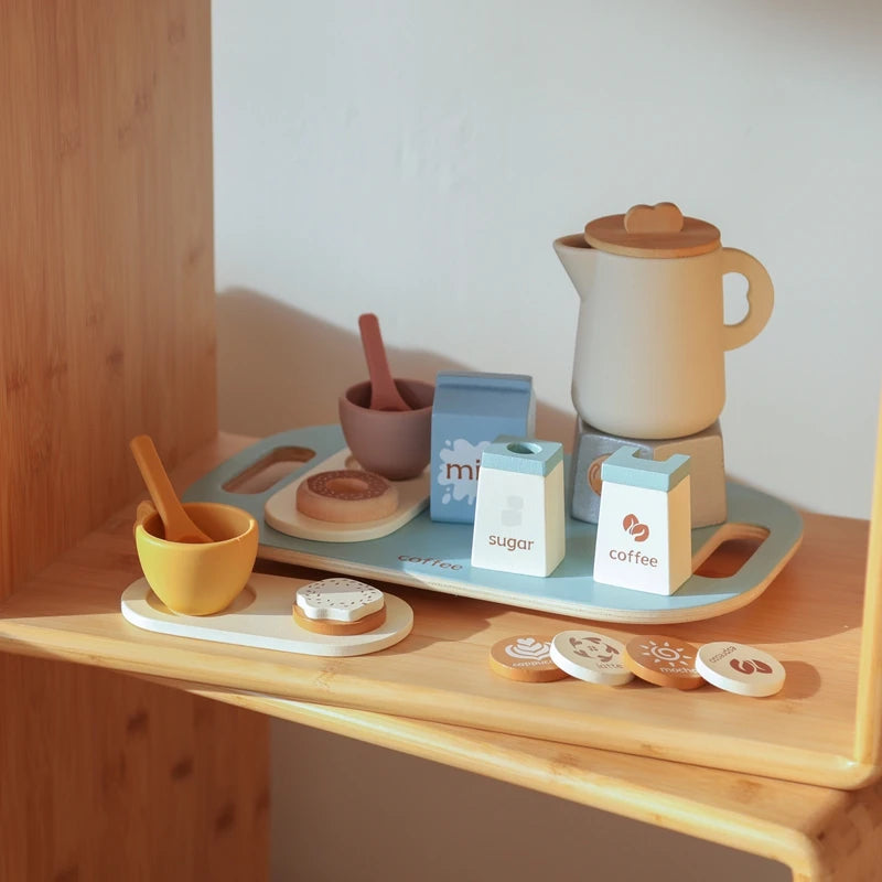 Wooden Coffee Afternoon Tea Set Toy Kid Pretend Kitchen Teapot Teacup BPA Free Silicone Role Play Game Early Montessori Toy Gift
