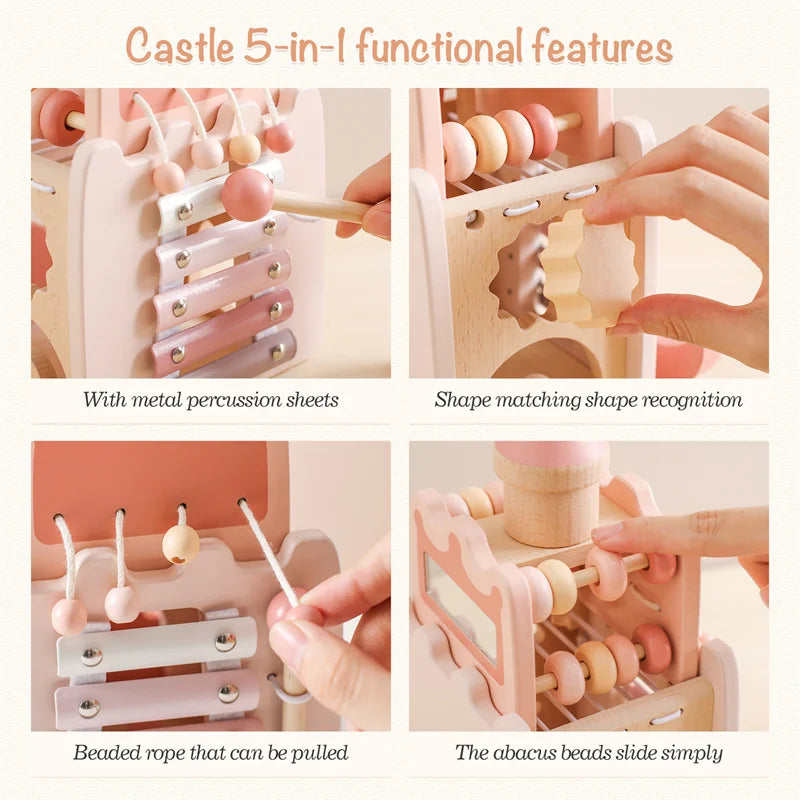 Montessori Toys Baby Wooden Castle Pink House Blocks Toys Puzzle Game Early Education Accessories Multifunctional Toy Baby Gifts