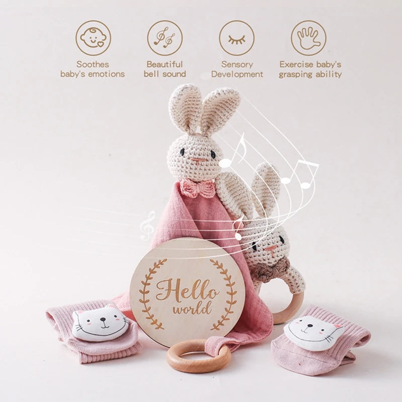 Baby Wooden Crochet Bunny Bracelet Rattle Cotton Blanket Bath Stuff Towel Brush Set Gifts Box Brushs Towel For Baby Shower Gift