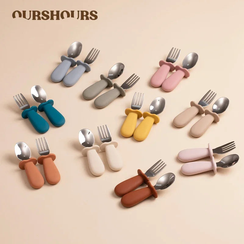 2pcs/Set Baby Tableware Children Utensil Stainless Steel Food Feeding Spoon Fork Set Infant Toddler Silicone Dinnerware Cutlery