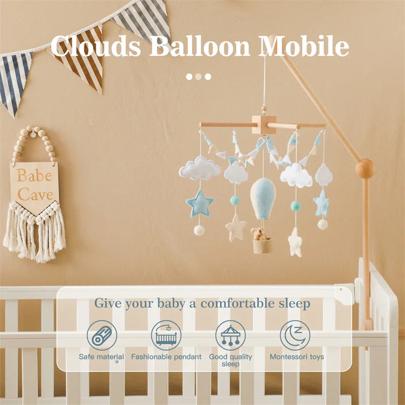 Wooden Baby Rattles Toy 0-12 Months Soft Felt Cartoon Hot Balloon Bed Bell Newborn Music Box Holder Bracket Infant Crib Toy Gift