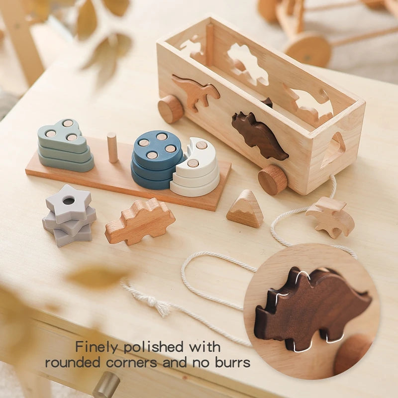 Kids Wooden Dinosaur Intelligence Car Toys Baby Stacking Multifunctional Shape Cognitive Toy Baby Montessori Education Toys Gift