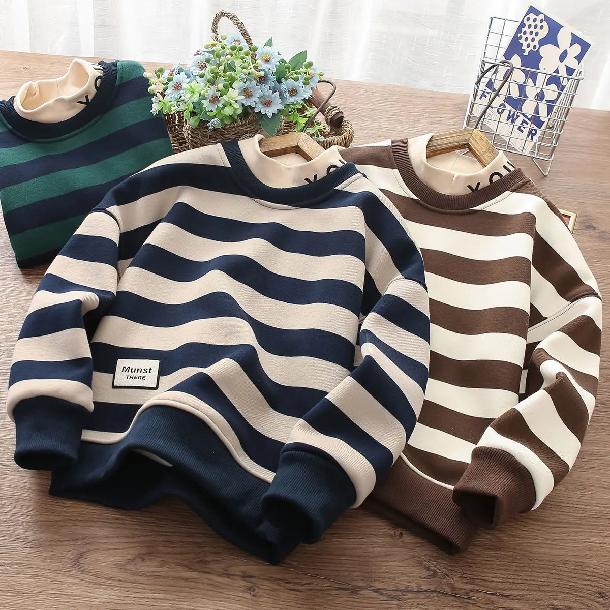 IYEAL Autumn Winter Kids New Fleece Thickened Sweatshirt Boys Girls Long Sleeve Round Neck Color Matching Sweatshirt