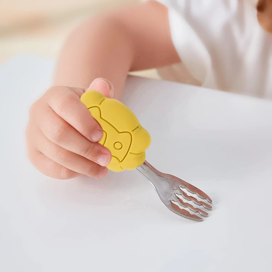 Bebe Feeding Spoon Fork Set Silicone Handle Cutlery Crab Lion Stainless Steel Utensils Baby Items With Free Shipping