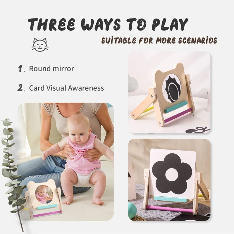 Montessori Mirror Puzzle Busy Board Wooden Toys Kid Black White Vision Trigger Card Activity Early Educational Sensory Toy Gifts