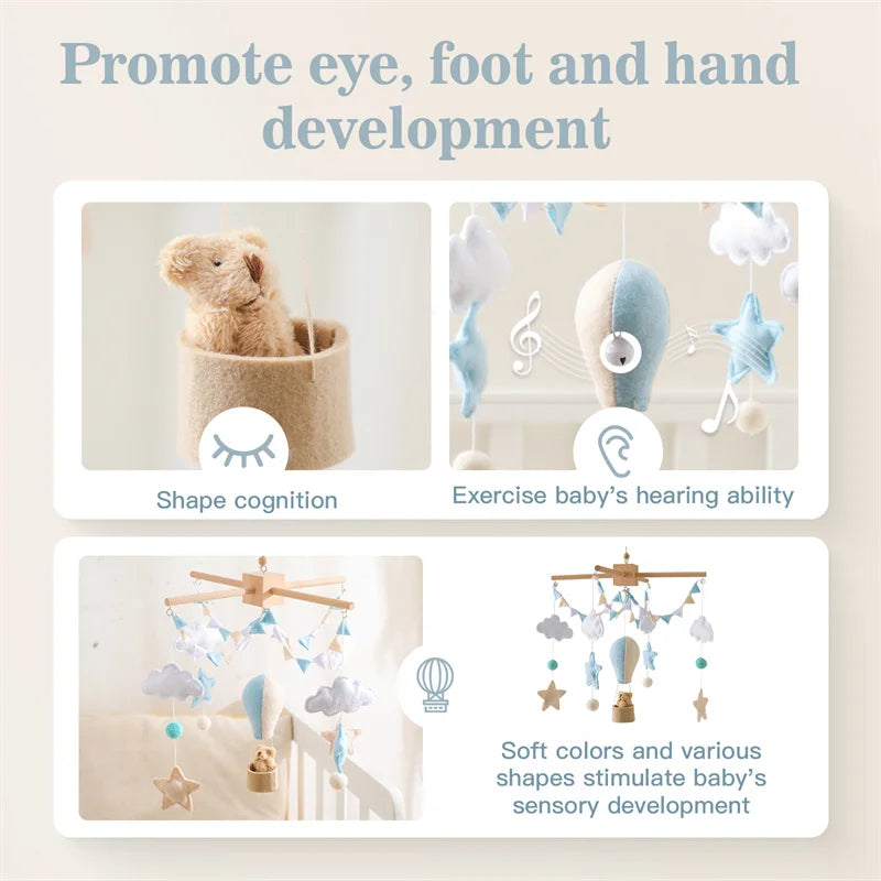 Wooden Baby Rattles Toy 0-12 Months Soft Felt Cartoon Hot Balloon Bed Bell Newborn Music Box Holder Bracket Infant Crib Toy Gift
