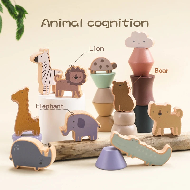 Montessori Toys Balanced Stacked Wooden Building Blocks Animal Board Game Puzzle Toys Are Placed In Animal-shaped Scene Gift Kid