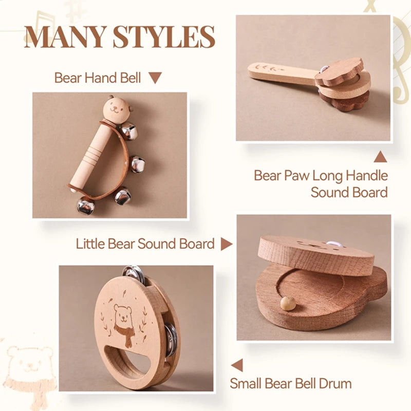 Wooden Baby Montessori Rattle Toy Animal Bear Shape Hand Bell Toy BPA Free Rodent Teething Necklace Food Grade Baby Chewable Toy