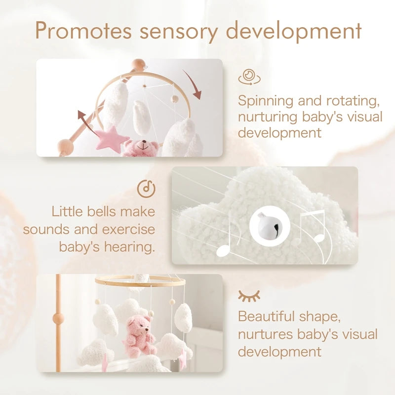 Crib Mobile Wooden Bed Bell Soft Felt Cartoon Rabbit Mobile Hanging Rattles Toys Newborn Music Box Bed Bell Hanging Bracket Toys
