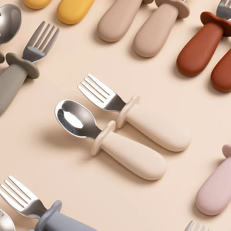 2pcs/Set Baby Tableware Children Utensil Stainless Steel Food Feeding Spoon Fork Set Infant Toddler Silicone Dinnerware Cutlery
