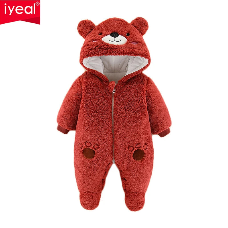 IYEAL Autumn Winter Cartoon Animal Hooded Fleece Rompers Infant Jumpsuit Toddler Outwear Newborn Baby Boys Girls Clothes