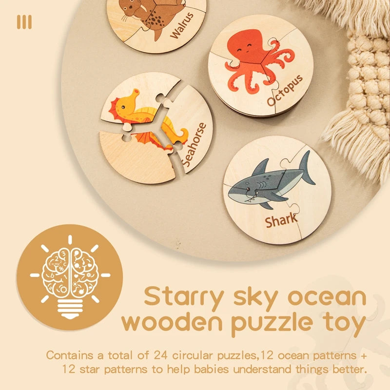 Wooden Puzzle Toy Children Cartoon Ocean Animal Planets Shape Puzzle Learning EducationToys Color Shape Cognitive Training Gift
