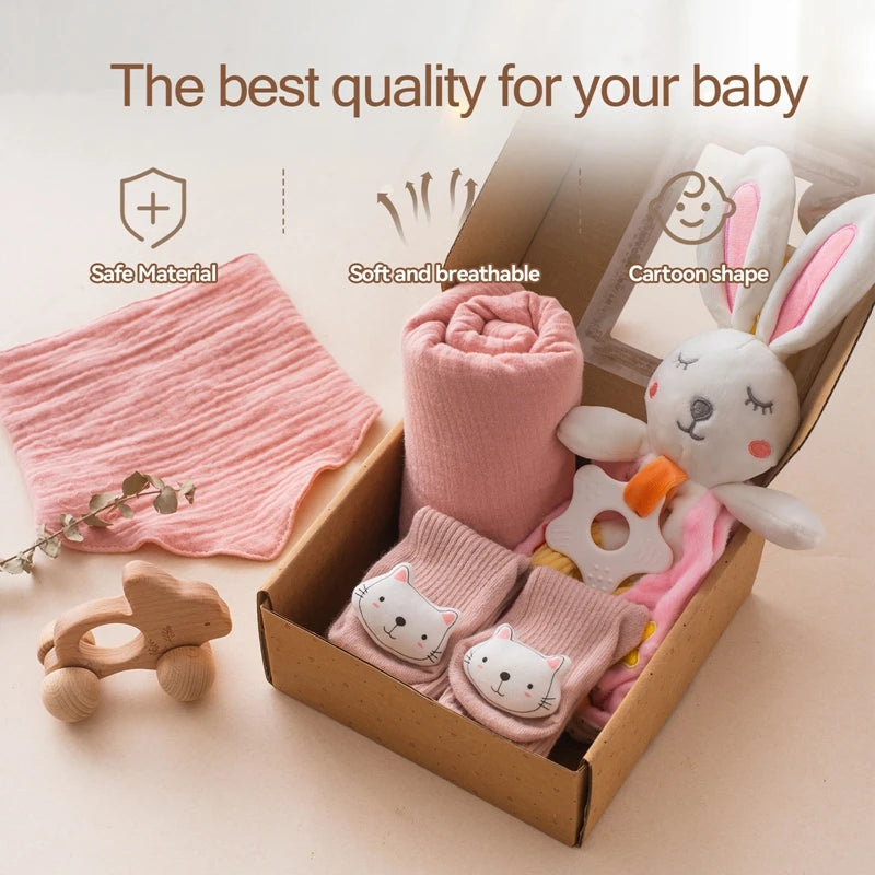 1set Baby Towel Bath Gift Box Set Double Sided Cotton Blanket Comfort Scarf Set Newborn Rabbit Rattle Toy Baby Birth Stuff Gifts