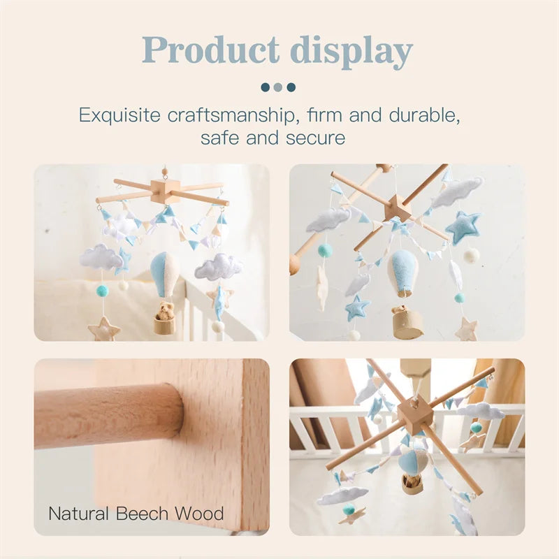 Wooden Baby Rattles Toy 0-12 Months Soft Felt Cartoon Hot Balloon Bed Bell Newborn Music Box Holder Bracket Infant Crib Toy Gift