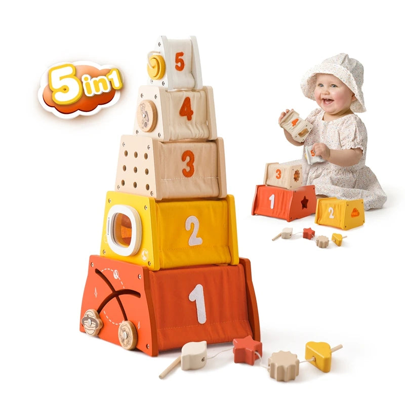 Baby Wooden Numbers Nesting Boxes Preschool Learning Wooden Stacking Balance Puzzle Educational Toys Shape Paired Threading Toy