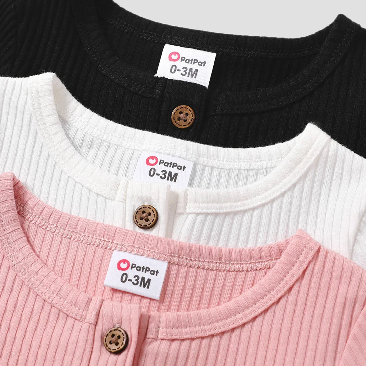 PatPat 3-Pack Baby Girl/Boy Cotton Button Design Solid Color Ribbed Long-sleeve Rompers Soft and Comfortable